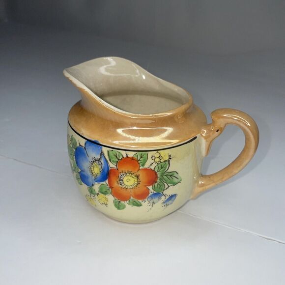 lustre ware vintage creamer beige peach with blue and red painted flowers - Picture 5 of 10